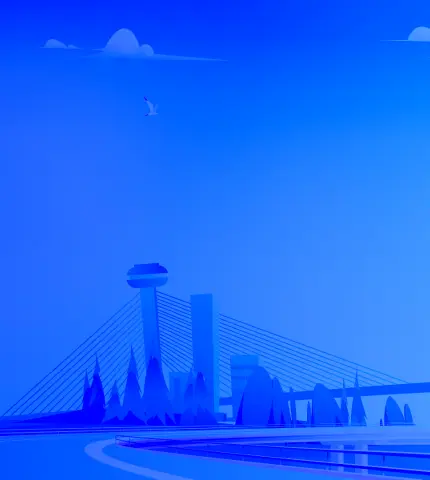 Ilustração vetorial da Ponte Estaiada Mestre João Isidoro França, principal cartão-postal de Teresina, Piauí. A arte mostra o complexo turístico com seu mirante e a paisagem urbana ao redor, tudo em uma paleta de cores monocromática azul.
