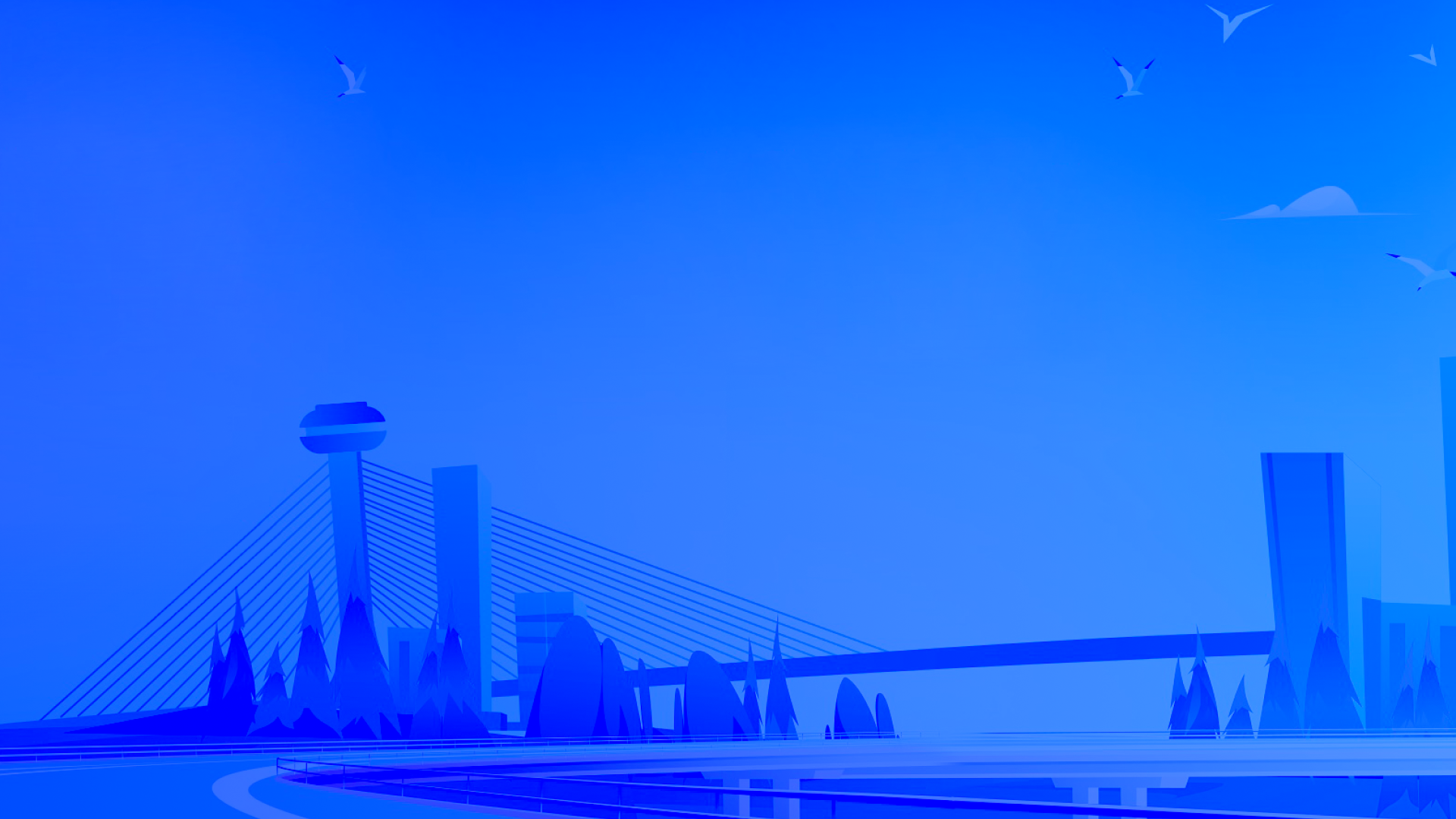Uma ilustração em tons de azul de Teresina, Piauí, com a Ponte Estaiada, o mirante e prédios ao fundo. Gaivotas voam no céu azul claro com nuvens esparsas. Uma estrada margeia o rio Poti em primeiro plano.